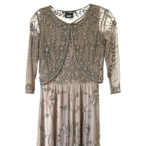 PISSARRO NIGHTS Brown Mocha Gown Beaded Mesh With Jacket Size 2 NWT - Picture 5 of 16